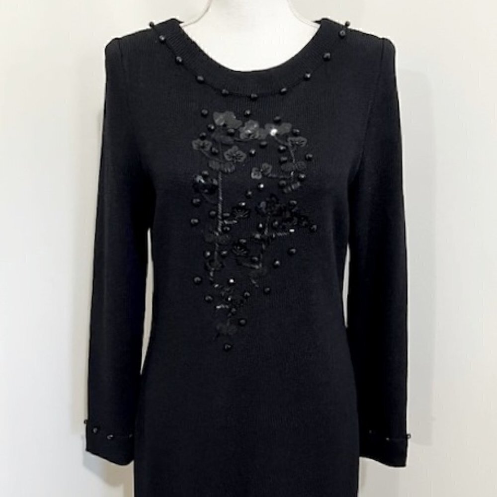 Vintage Frances Brewster Dress Black Beaded Wool Blend Long Sleeve - Picture 2 of 5